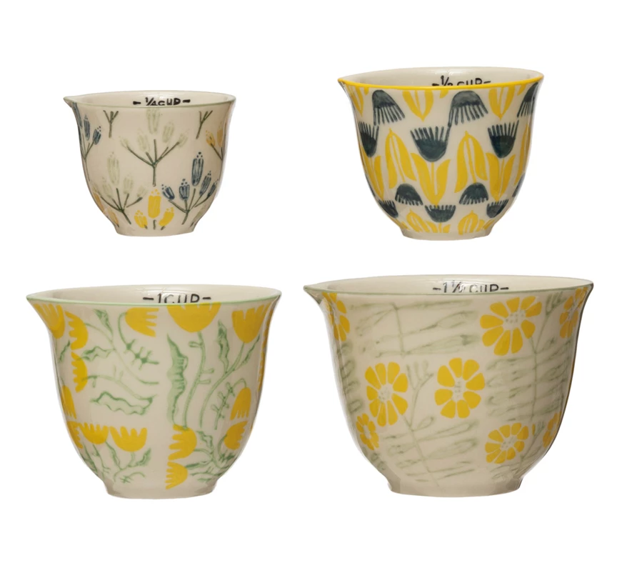 Hand-Stamped Stoneware Measuring Cups w/ Flowers, Set of 4