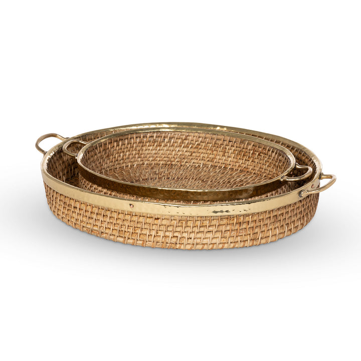 Amelia Woven Bamboo and Brass Oval Tray, Set of 2