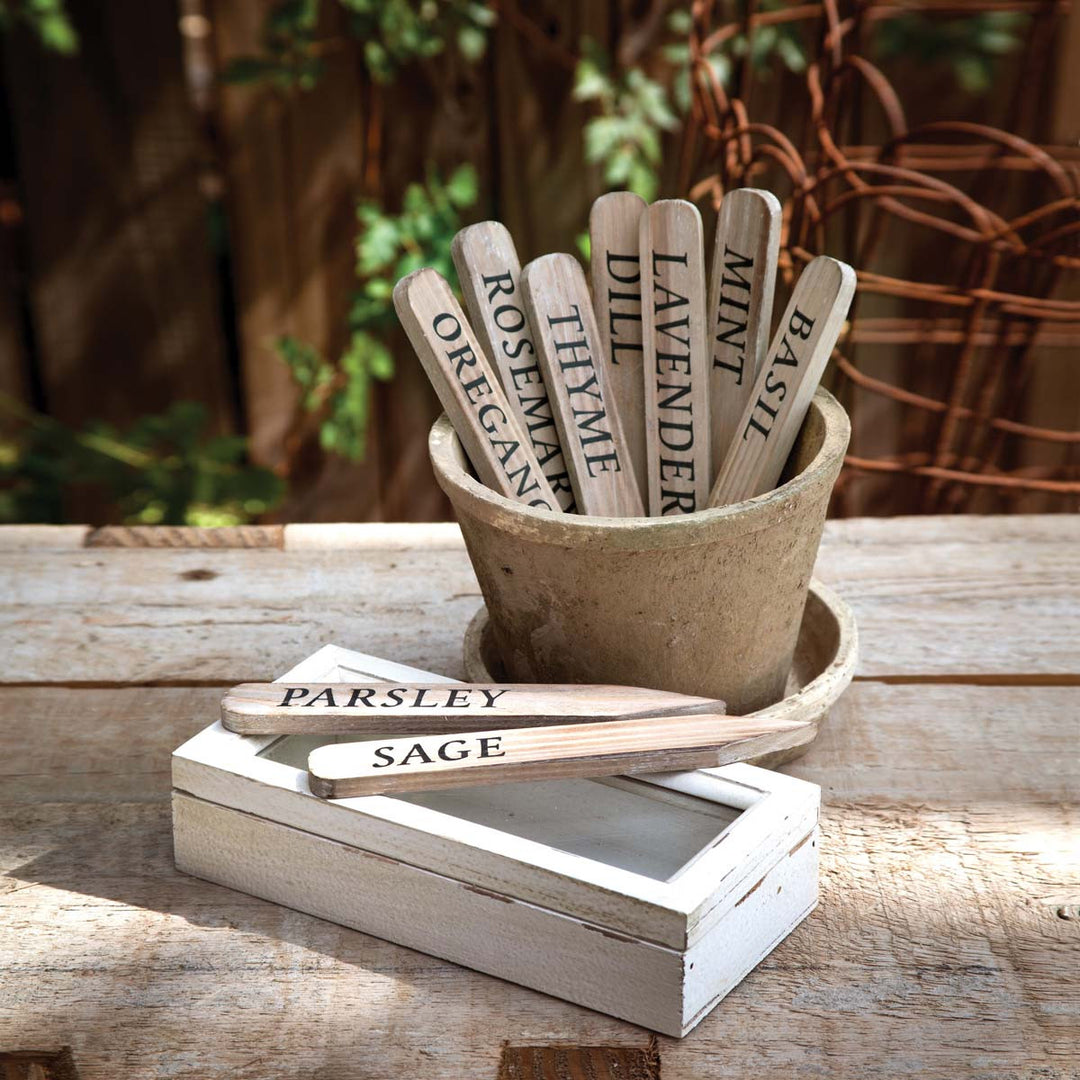 Wooden Herb Plant Stakes in Wooden Box, Set of 9