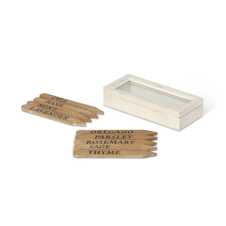 Wooden Herb Plant Stakes in Wooden Box, Set of 9