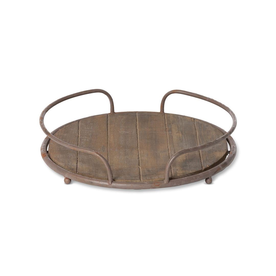 Round Wooden Tray with Iron Handles