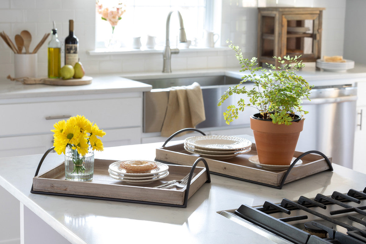 Wood Trays with Iron Handle, Set of 2