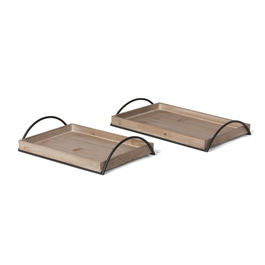 Wood Trays with Iron Handle, Set of 2