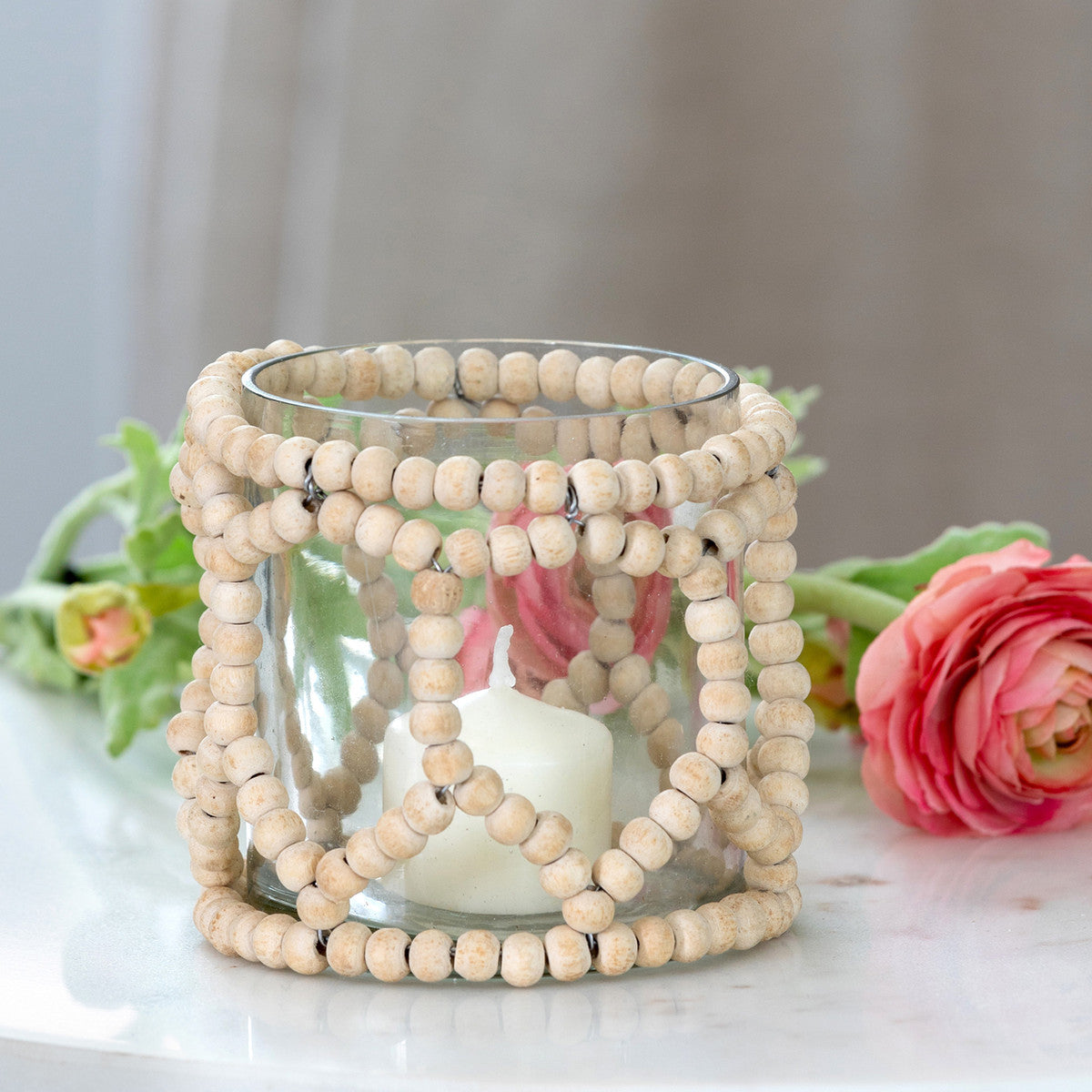 Wood Beaded Garland Embellished Glass Votive