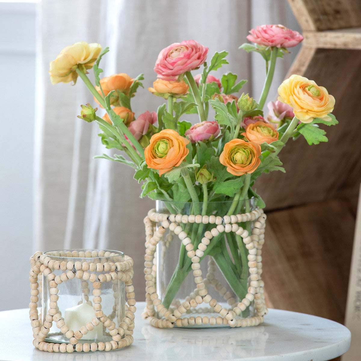 Wood Beaded Garland Embellished Glass Votive