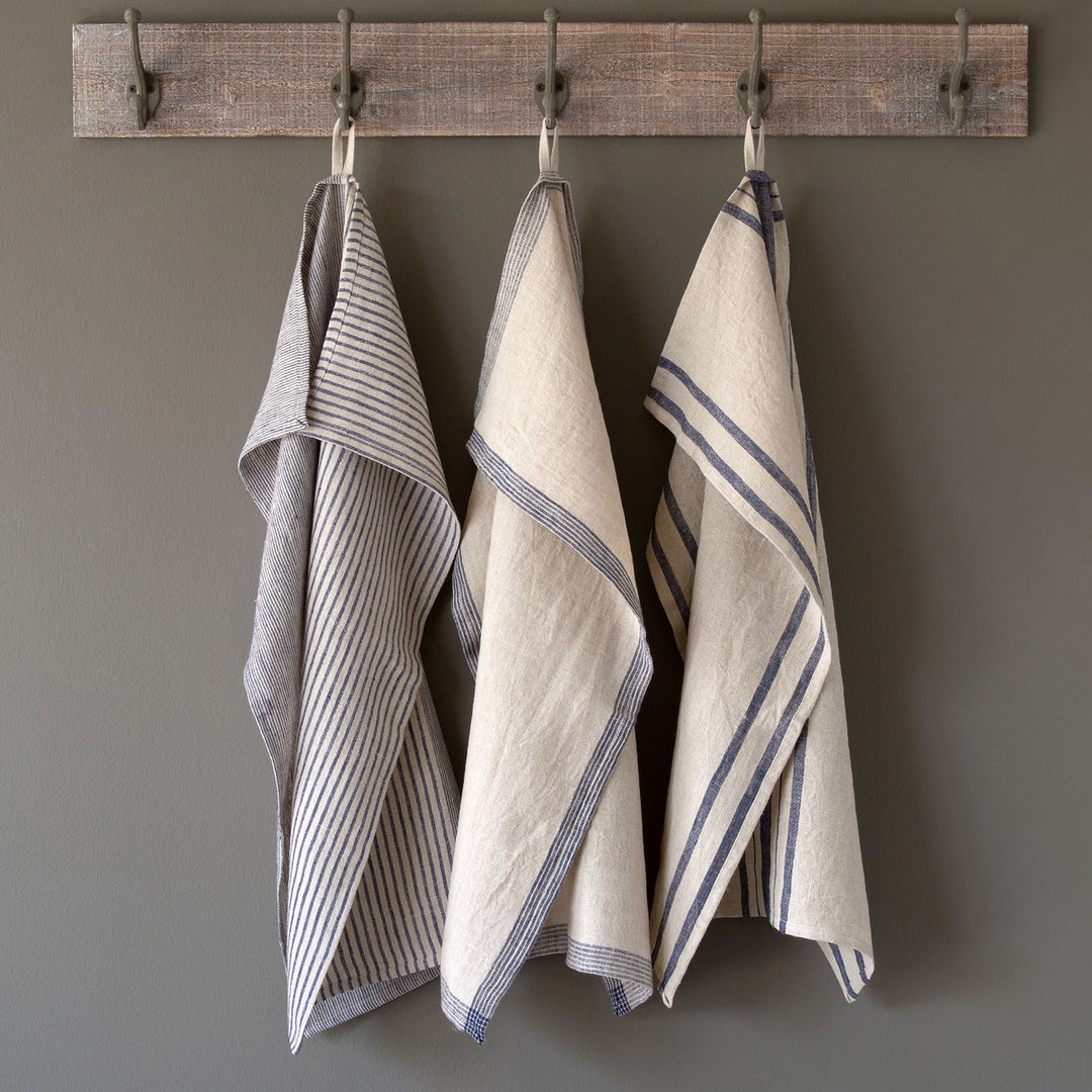 Soft Linen Dish Towel, Blue Stripe Assortment (Package of 3 Styles)