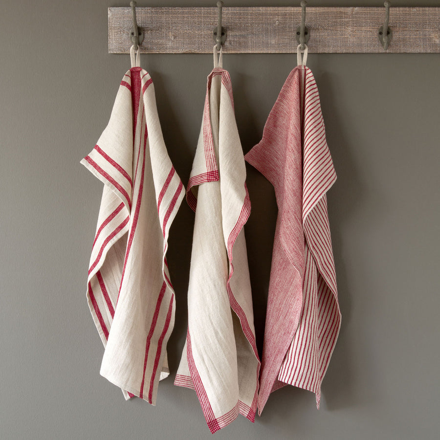 Soft Linen Dish Towel, Red Stripe Assortment (Package of 3 styles)