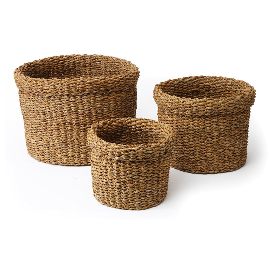 Seagrass Round Baskets With Cuffs, Set Of 3