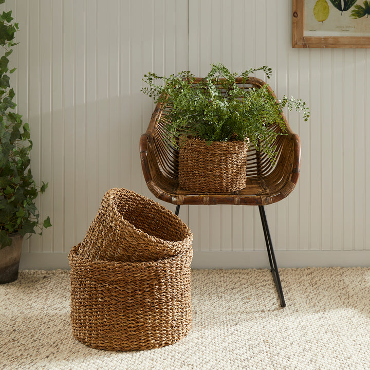 Seagrass Round Baskets With Cuffs, Set Of 3