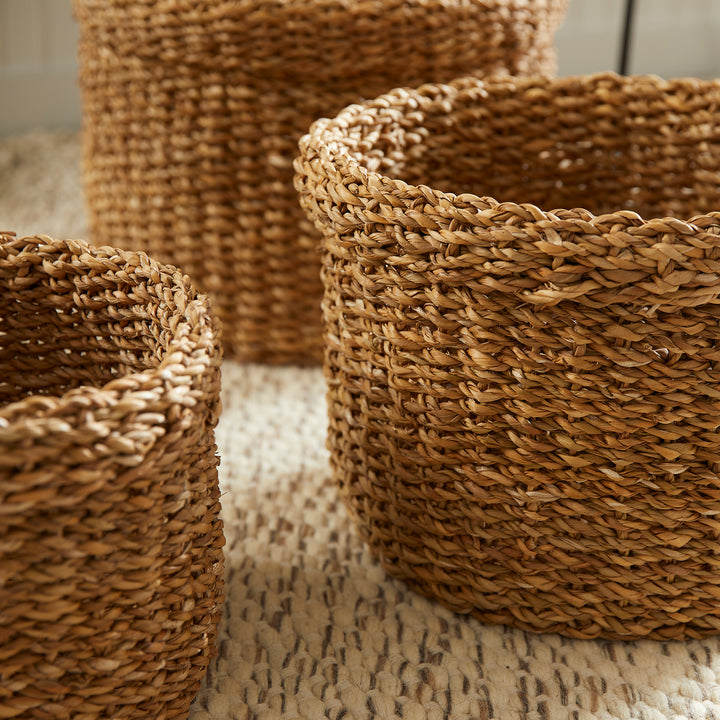 Seagrass Round Baskets With Cuffs, Set Of 3