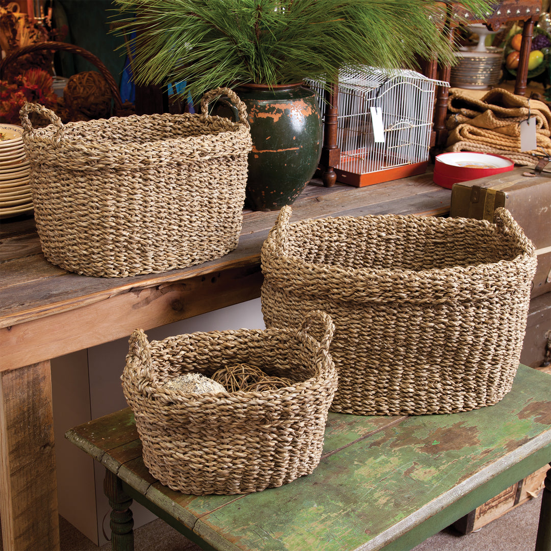 Seagrass Oval Baskets With Handles & Cuffs, Set Of 3
