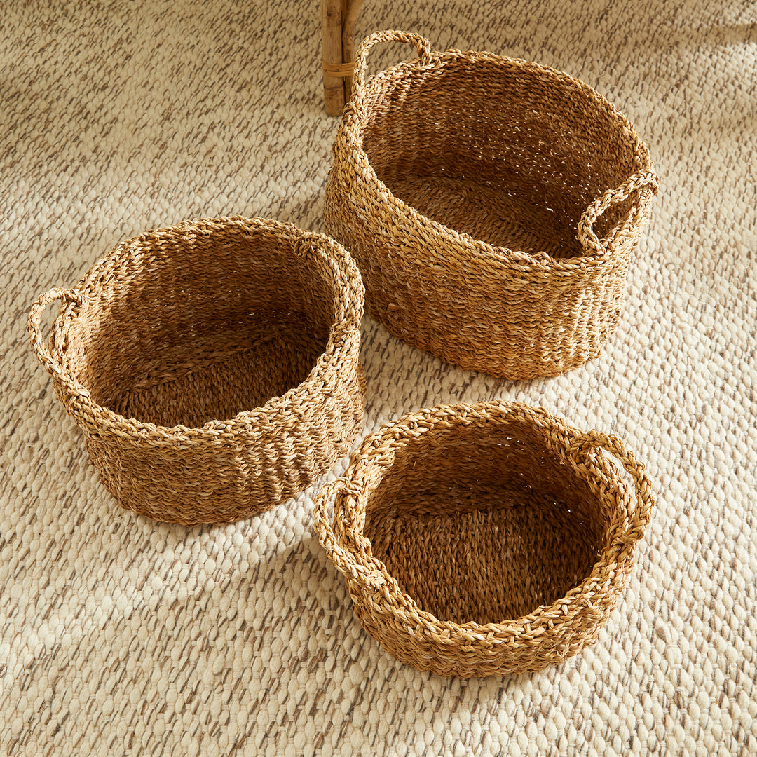 Seagrass Oval Baskets With Handles & Cuffs, Set Of 3