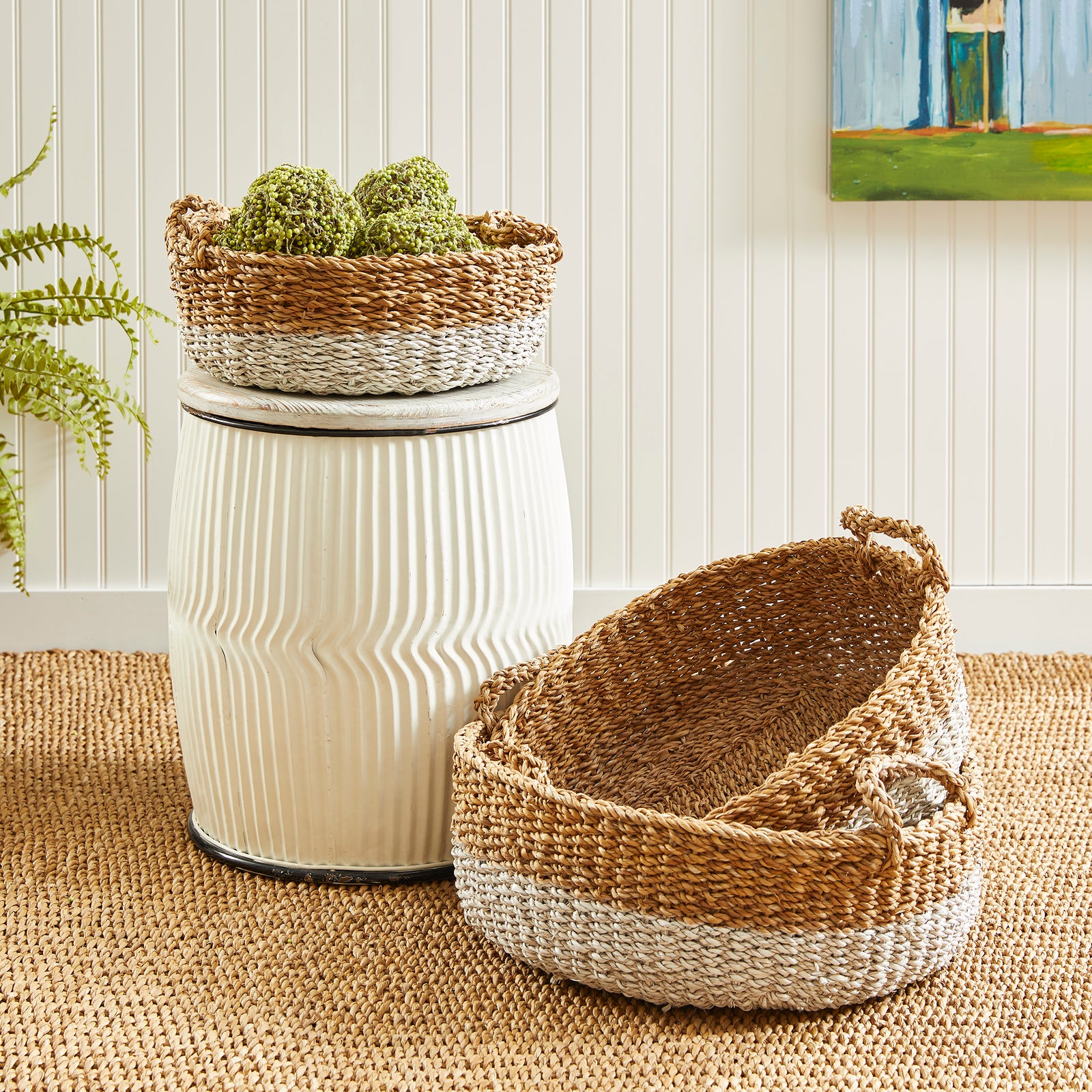 Seagrass Shallow Baskets With Handles, Set Of 3