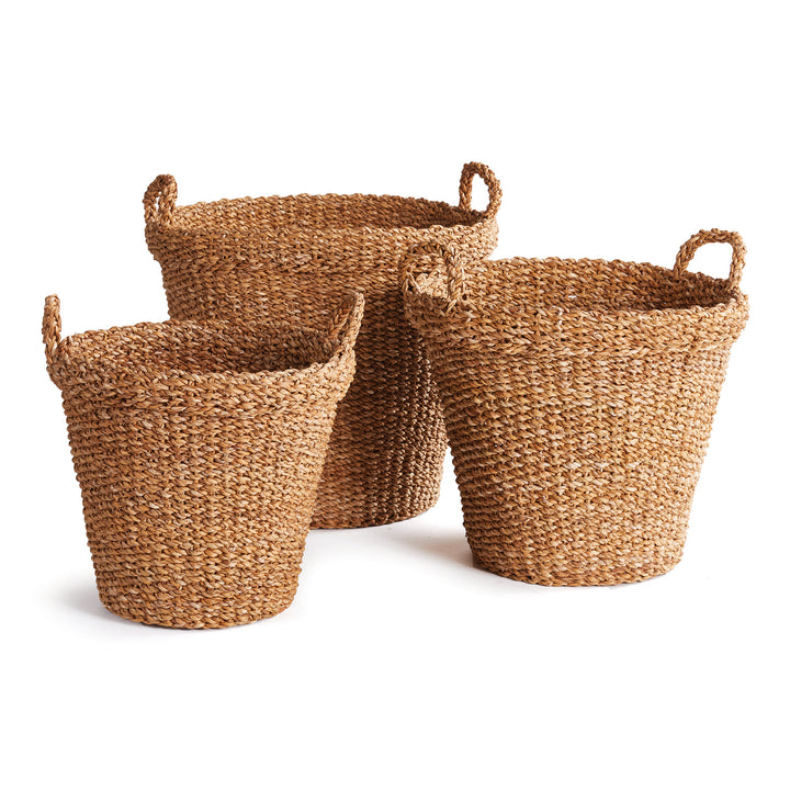 Seagrass Tapered Baskets With Handles And Cuffs, Set Of 3