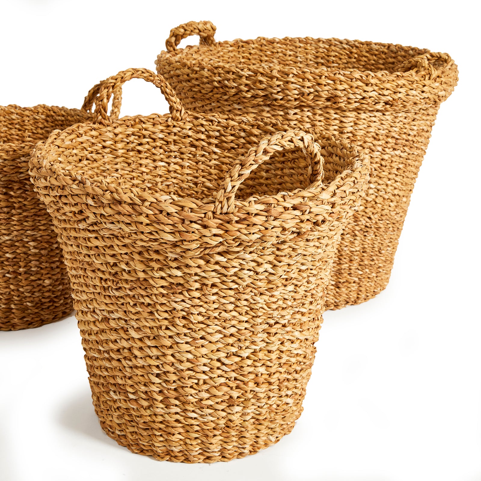 Seagrass Tapered Baskets With Handles And Cuffs, Set Of 3