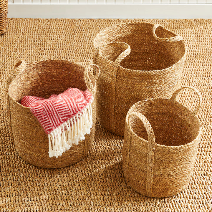 Seagrass Round Baskets W/ Long Handles St/3