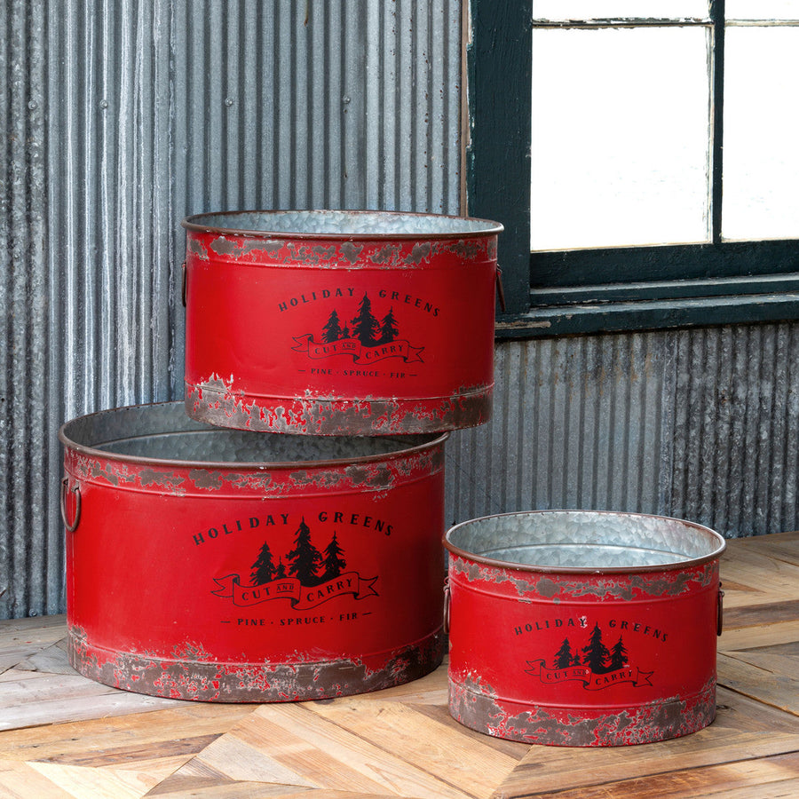 Antique Red Metal Tree Pots, Set of 3