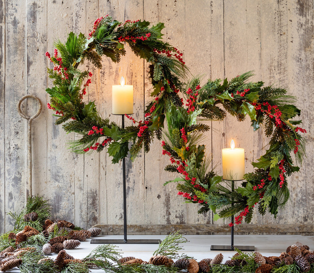 Pine and Holly Wreath on Candle Stand, Tall